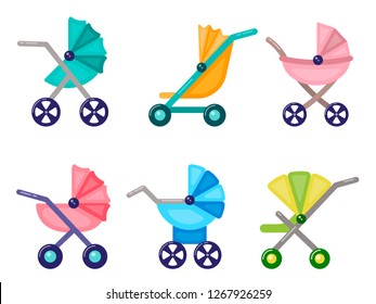 Baby stroller icons set. Flat style vector elements collection