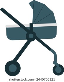 Baby stroller, illustration, vector on a white background. Modern, practical baby stroller for carrying a child in a sitting position, black. Baby stroller in a flat cartoon
 style.