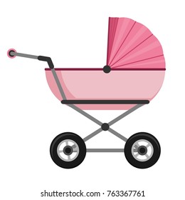 Baby stroller isolated on white background. Children pram, baby carriage vector illustration