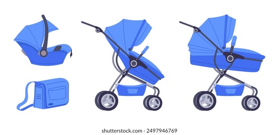 Baby stroller kit. Comfortable and safety newborn carriage with car seat, baby stroller transformer flat vector illustration set. Cartoon blue modular baby transport