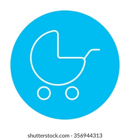 Baby stroller line icon for web, mobile and infographics. Vector white icon on the light blue circle isolated on white background.