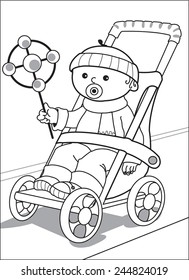 Baby in stroller. Little boy dressed in a sweater, cap, scarf and trousers in easy stroller sits with a toy in his hands and with a pacifier. Coloring page