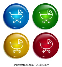 Baby stroller multi color gradient glossy badge icon set. Realistic shiny badge icon or logo mockup