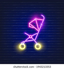 Baby stroller neon icon. Glowing Vector illustration of child signs for design. Children concept.