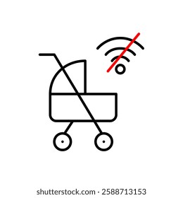 Baby stroller and no wif-fi symbol. Tracker or monitor connection lost. Pixel perfect, editable stroke vector icon