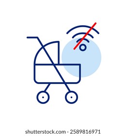 Baby stroller and no wif-fi symbol. Tracker or monitor connection lost. Pixel perfect, editable stroke vector icon