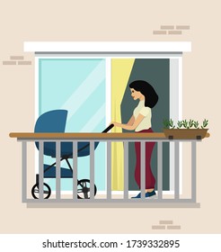 Baby stroller on the balcony. Stay at home, isolation. A mother is rocking a baby in a stroller. Vector illustration.