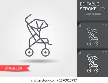 Baby stroller. Outline icon with editable stroke. Linear symbol of care of children with shadow