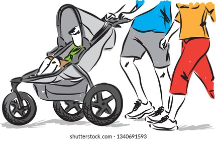 baby in stroller with parents vector illustration