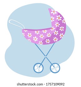 Baby stroller pink with a pattern of daisies. Carriage for a walk with a newborn child. Stock vector flat illustration isolated on white.