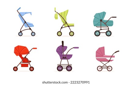 Baby Stroller or Pram as Transport for Carrying Little Kids Vector Set