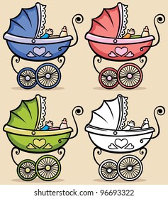 Baby Stroller: Retro baby stroller in 4 versions. No transparency and gradients used.