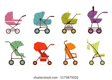 Baby stroller set, different types of kids transport, colorful vector Illustrations