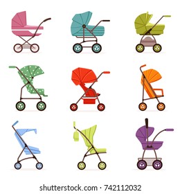 Baby stroller set, different types of kids transport, colorful vector Illustrations
