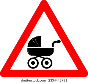Baby stroller sign. Warning sign about the departure baby stroller. Red triangle sign with baby carriage silhouette inside. Caution mother with child. Baby carriage sign.