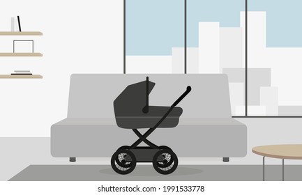 A baby stroller stands in a room with a panoramic window, sofa, table and bookshelves