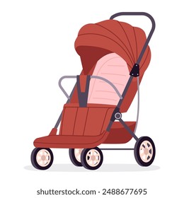 Baby stroller. Toddlers pushchair, kids safety transport for outdoor walking isolated flat vector illustration. Cartoon baby wheeled stroller