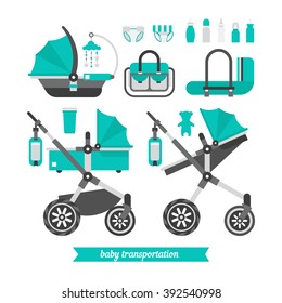 Baby stroller transformer. Vector baby stroller set. Newborn baby stroller. Isolated baby stroller three in one. Vector baby car seat. Flat vector baby stroller. Baby bag. Baby shower boy.