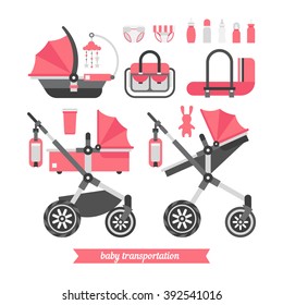 Baby stroller transformer. Vector baby stroller set. Newborn stuff for walking. Things you need to transport the child and walks with a newborn. Baby stroller three in one.