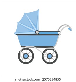 Baby stroller vector in cartoon style. Blue stroller clipart in flat design isolated on white background. Baby shower, baby element.