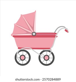 Baby stroller vector in cartoon style. Pink stroller clipart in flat design isolated on white background. Baby shower, baby element.