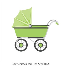 Baby stroller vector in cartoon style. Green stroller clipart in flat design isolated on white background. Baby shower, baby element.