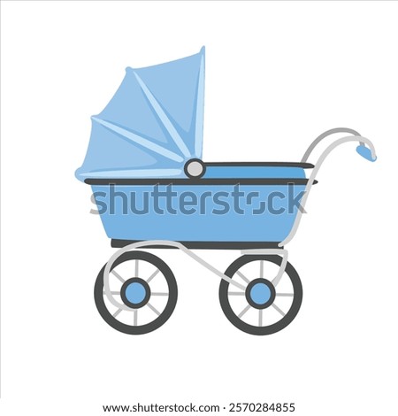 Baby stroller vector in cartoon style. Blue stroller clipart in flat design isolated on white background. Baby shower, baby element.