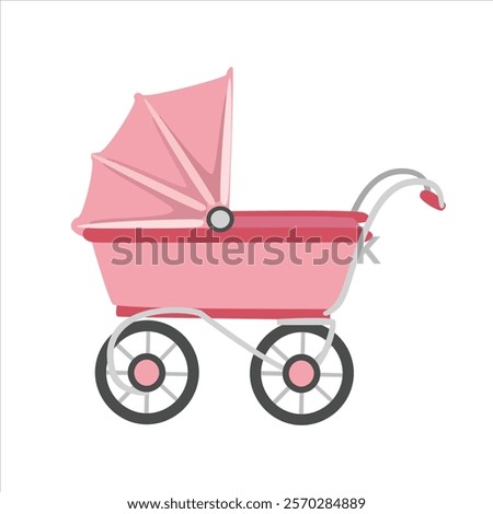Baby stroller vector in cartoon style. Pink stroller clipart in flat design isolated on white background. Baby shower, baby element.