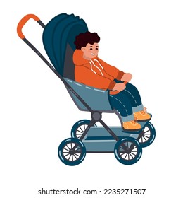 Baby in a stroller vector clip-art on white background.Cute character in a jacket with a hood, jeans and lace-up boots.Cartoon flat style isolated illustration for stickers,scrapbooking,posters.