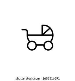 Baby stroller vector icon in linear, outline icon isolated on white background