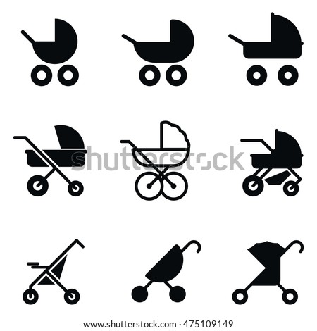 Baby stroller vector icons. Simple illustration set of 9 baby stroller elements, editable icons, can be used in logo, UI and web design