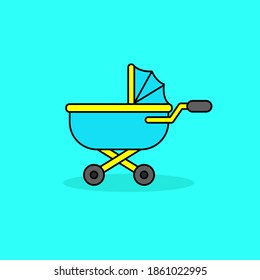 Baby stroller vector illustration isolated on blue background. Linear color style of baby stroller icon