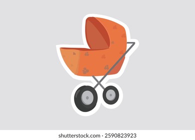 Baby Stroller Vector Illustration Sticker. Cute orange vintage baby stroller vector sticker. Perfect for baby shower themes, nursery decor, parenting designs, and digital artwork