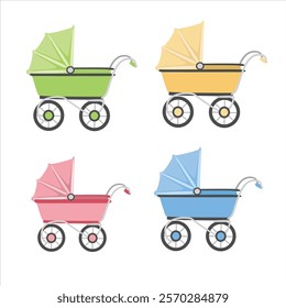 Baby stroller vector set in cartoon style. Green stroller clipart in flat design isolated on white background. Baby shower, baby element.