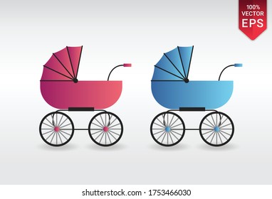 baby stroller wheel mommy carrying handle boy or girl set vector illustration