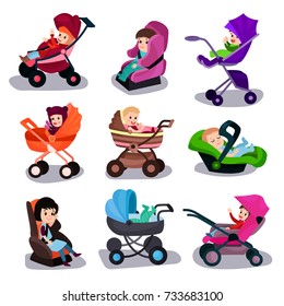 Baby strollers and car seats set, safety transporting of small kids cartoon vector illustrations