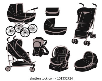 Baby strollers and other items, silhouettes