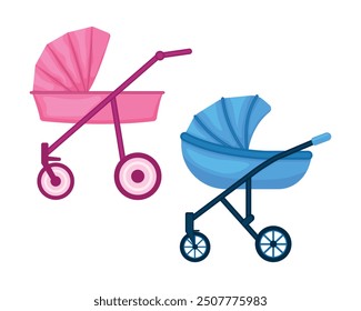 Baby strollers. A stroller for transporting pink and blue babies. Vector illustration isolated on a white background