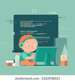 a baby studying programming course banner advertisement flat vector design cartoon character, education, coding, web, engineering, developer, yong development, software, coding, create code
