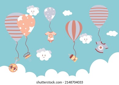 baby stuff and balloons in the sky