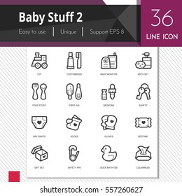 Baby stuff elements vector icons set 2 on white background.  Premium quality outline symbol collection. Stroke vector logo concept, web graphics.