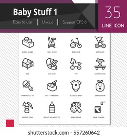 Baby stuff elements vector icons set 1 on white background.  Premium quality outline symbol collection. Stroke vector logo concept, web graphics.