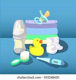 Baby stuff on the blue background.Things for newborn. baby equipment vector.
