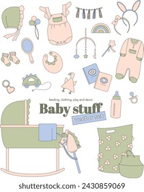 Baby-Zeug. Dinge für Neugeborene. Interieur, Fütterung, Babykleidung, Spielzeug, Accessoires, Geschlechterparty