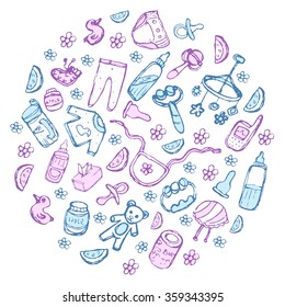 Baby stuffs in circle design. Decorative composition for card, poster, t-shirt