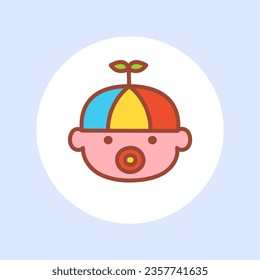 Baby sucking a pacifier. Baby head icon vector design template. Baby face avatar character. Bright art of a newborn in a round frame. Cute child. Vector illustration in cartoon style