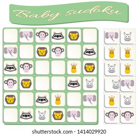 Baby Sudoku with colorful animals images. Game for preschool kids, training logic