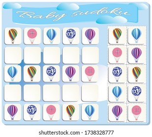 Baby Sudoku with colorful Balloons. Game for preschool kids, training logic