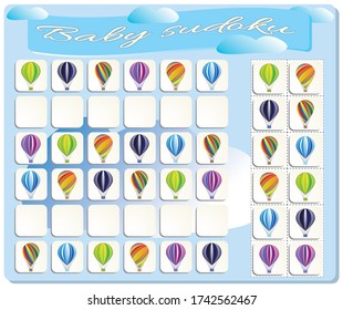 Baby Sudoku with colorful Balloons. Game for preschool kids, training logic