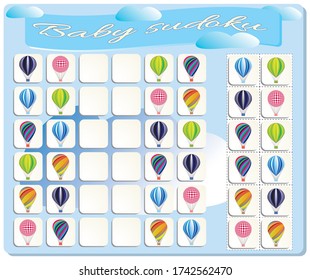 Baby Sudoku with colorful Balloons. Game for preschool kids, training logic